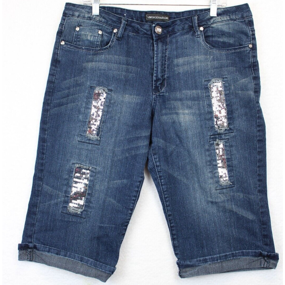 Vintage Harlem Sequin Embellished Capri Cuffed Jeans Stretch Junior 18 Blue